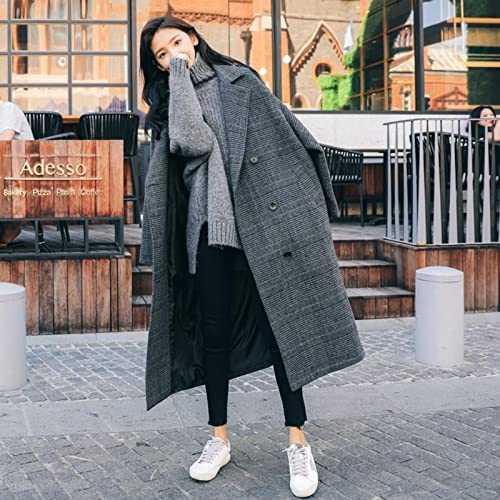 ZXCW Plaid Woolen Coat Women's Mid-Length Korean Oversized 2021 Autumn Winter New Preppy Student Loose Over-The-Knee Woolen Jackets-dark gray,M
