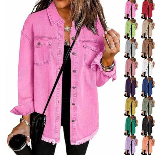 Shffuw Denim Jackets Women Button Down Long Sleeves Jean Coat Ladies Casual Oversized Fall Jackets For Women Uk Stretch Boyfriend Jean Trucker Jacket Womens Coatigan With Collared Neckline And Pockets