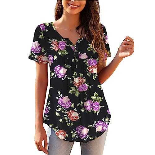 FNKDOR Women's T-Shirts Dressy Shirts Plus Size Boho Floral Printed Puff Short Sleeve V Neck Tunic Tops Casual Slim Fit Basic Ladies Blouse Summer Long Hem Pleated Outfits