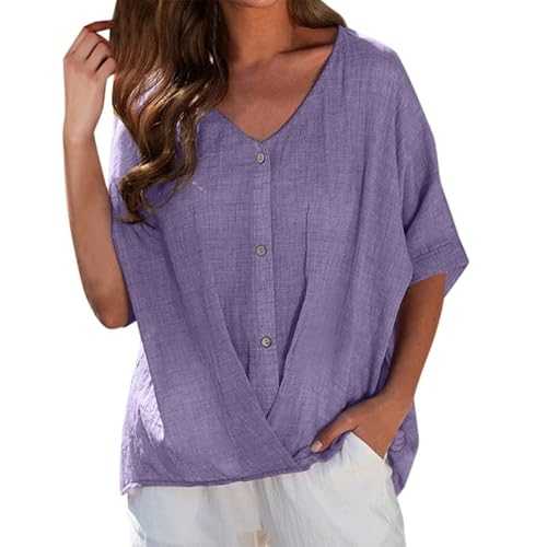 VEMOW Women T Shirts Cotton Linen V Neck Pullover Short Sleeve Shirt Ladies Summer Lightweight Loose Casual Blouse UK Size 8-22