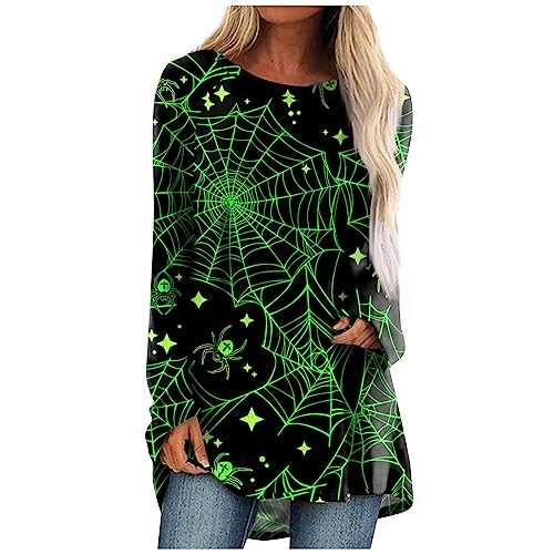Halloween Costumes for Women Fall 2023, Halloween Plus Size Costumes for Women Spider Web Geometric Patterns Casual Long Sleeve O-Neck Long Blouse Yellow Casual Halloween Pullover Top