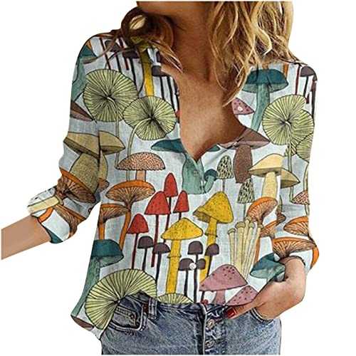 Womens Tops Warehouse Deals Mushroom Print Long Sleeve T-Shirt V Neck Cotton Shirt Women Summer Tops Swing Plus Size Button Up Shirt Womens Tunic Tops Solid Color Elegant Tshirt Size 8-22