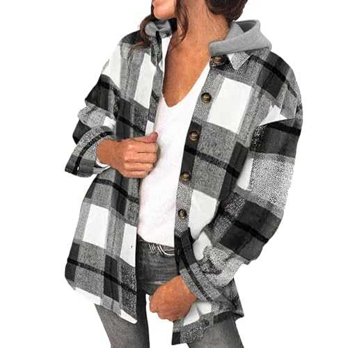 Plaid Shacket Jacket Women Button Down Flannel Shirt Fall Oversized Jackets Casual Shaket Lapel Winter Coats with Hooded Pocket Ladies Checked Shirt Fashion Blouse Tartan Jacket Woolen Hoodie