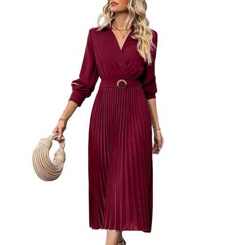 LIUYUYOUGO Women's Pleated Dress Long Sleeve V-Neck Wrap Dress Elegant A-Line Flowy Swing Dress Ladies Belted Shirt Dresses Autumn Casual Office Party Dresses Midi Dress