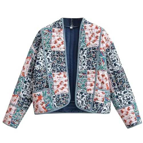 Quilted Jacket Womens Cropped Puffer Jacket Floral Print Padded Quilted Coat Long Sleeve Lightweight Vintage Padded Jacket Outerwear Y2k Open Front Padded Jacket Outwear Floral Jackets