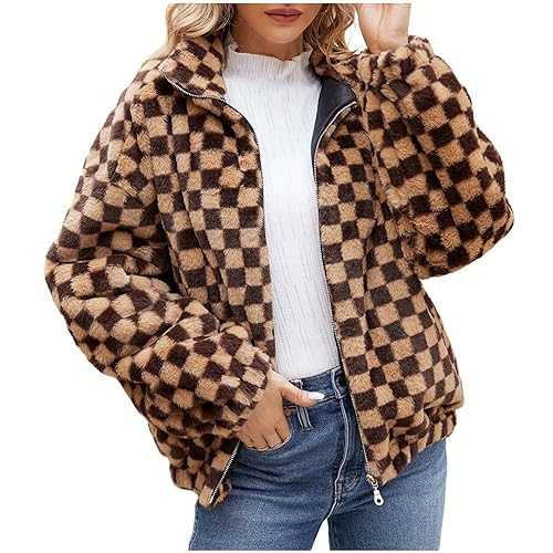 HAOLEI Fluffy Jacket Women Plaid Sherpa Fleece Coat Winter Warm Tartan Coat Faux Fur Teddy Bear Coats Checked Thermal Oversized Overcoat Ladies Cardigan Plush Warm Outwear