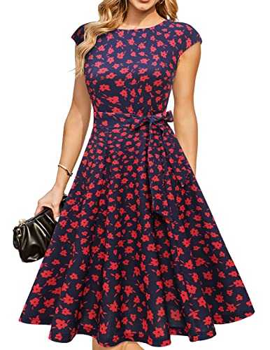 DRESSTELLS Women's Cocktail Party Dresses for Church, Modest Wedding Guest Bridesmaid Prom Spring Floral Casual Dress 2024, Vintage Dress Navy Small Red Flower