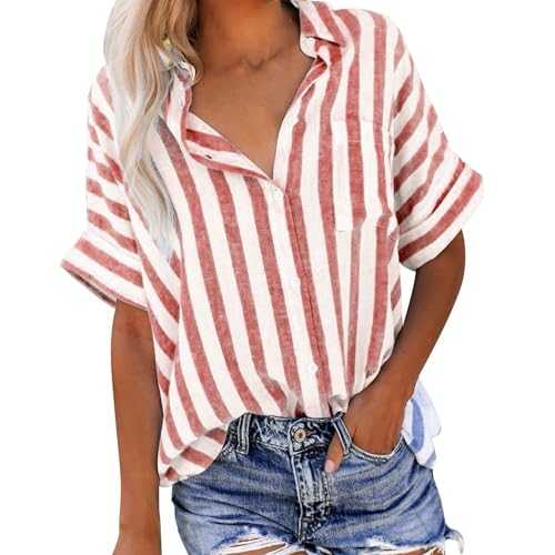 Womens Linen Shirts UK Short Sleeve Button Down Lapel Neck Tops Summer Casual Striped Print Blouses 2024 Fashion Loose Fit Tee Shirts Ladies Elegant Tops