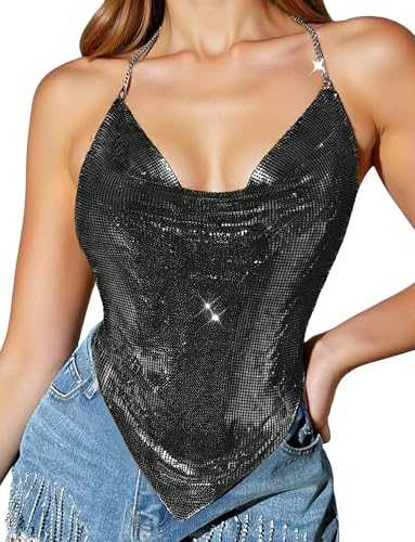 SEAUR Women Halter Top Deep V Neck Crop Deep Crop Tank Sexy Summer Colourful Metallic Chain for Cocktail Party
