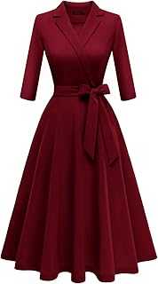 Meetjen Women's V-Neck Formal Dresses 3/4 Sleeve Modest Church Dress Fit and Flare Cocktail Dress for Wedding Guest