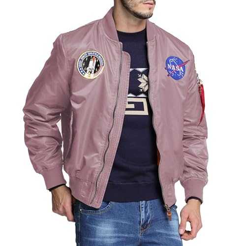 Mens NASA Embroidery Badge Slim Fit Bomber Jackets Zipper Windbreaker