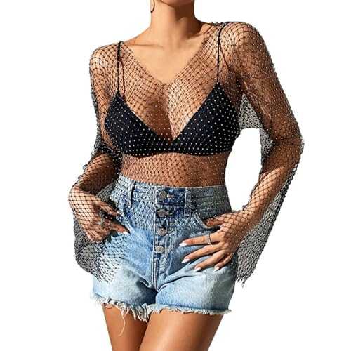 Sheer Mesh Tops for Women Long Sleeves Blouses Hollow Out Tops Sexy See-Through Crop Top Shiny Rhinestones Blouse V Neck Fishnet Crop Tops Slim Fit Transparent T-Shirt Beach Cover Up Party Clubwear