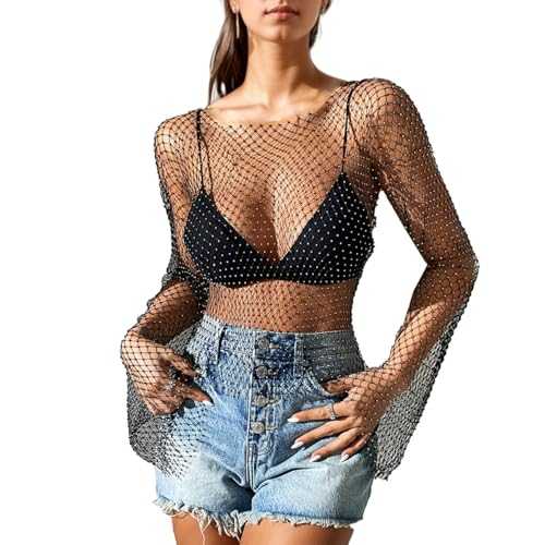 EMOTTOS Women's Sheer Fishnet Flared Sleeve Top, See-Through Polished Soft Fabric Transparent Mesh Tops Sparkling Rhinestones, Long Sleeve Glitter Party Blouse Ladies Summer Party Tops, Black, S-L