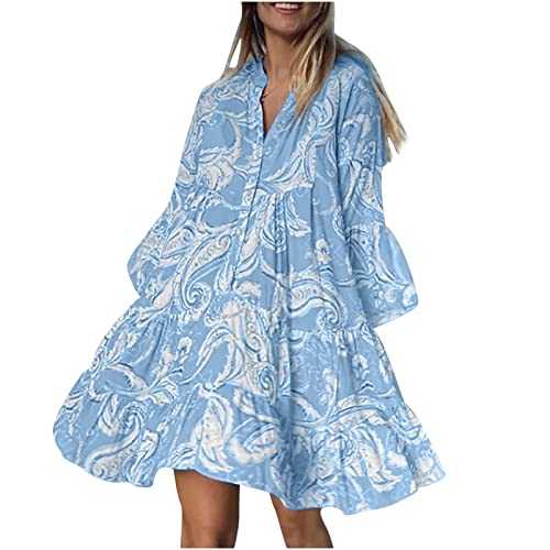 AMhomely Women Dresses Sale Clearance Party Elegant Spring and Casual V-neck Buttons Three-quarter Sleeve Print Dress Ladies Trendy Tunic Dresses for Vacation Cocktail Formal Work Wedding Activewear