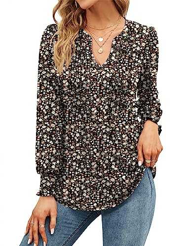 EFFAN Womens V Neck Tops Puff Short Sleeve T-Shirt Pleated Floral Printed Tunic Blouse Shirts