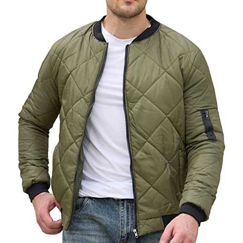Halfword Mens Padded Bomber Jacket Puffer Full Zip Lightweight Cotton Windproof Sports Jacket with Zip Pocket M-3XL