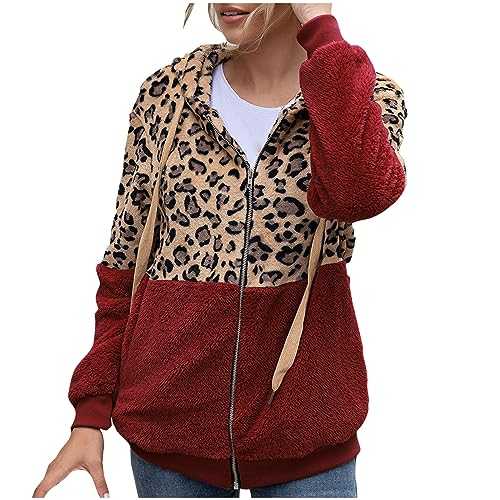Fleece Hoodies for Women UK Clearance, Leopard Print Lamb Fleece Jacket Warm Winter Teddy Coat Fluffy Fuzzy Hoodie Ladies Loose Oversized Outerwear Fall Sexy Y2K Outfits with Pockets