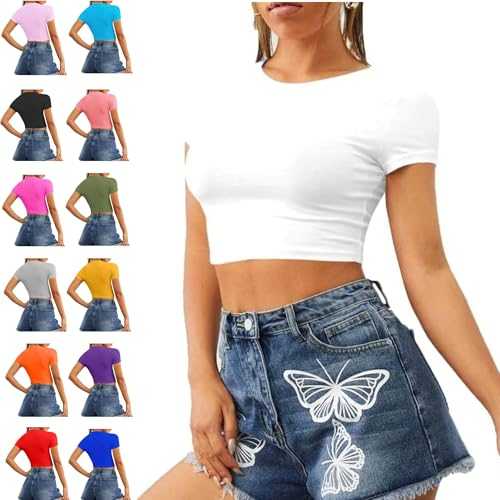 Re Tech UK - Women's Basic Ladies Short Sleeve Stretchy Crop Tops for Women, Slim Fit Crew Neck, Cropped T Shirt, Summer, Cute, Tshirt, Sizes 8-14