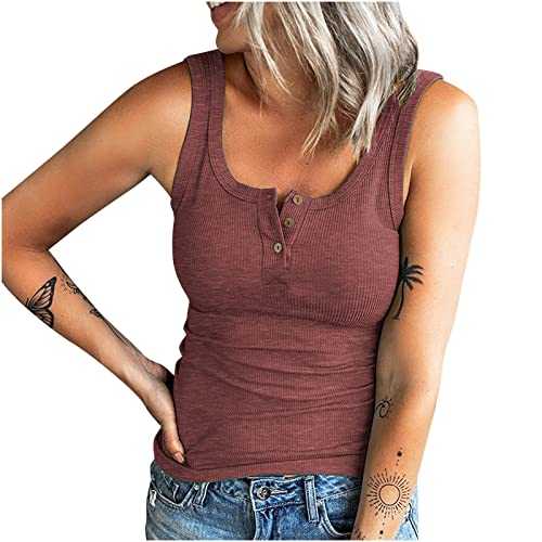 Women Summer Tshirt Tops Casual Tanks Sleeveless Buttons Slimming Solid Pullover Vest Blouse Tops Sale Clearance Ladies Sexy Comfy Plus Size Blouses UK Size S-5XL