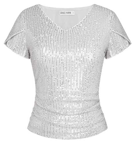 GRACE KARIN Women Short Sleeve Sequined Tops Blouses V Neck Shirts for Party Cocktail Birthday