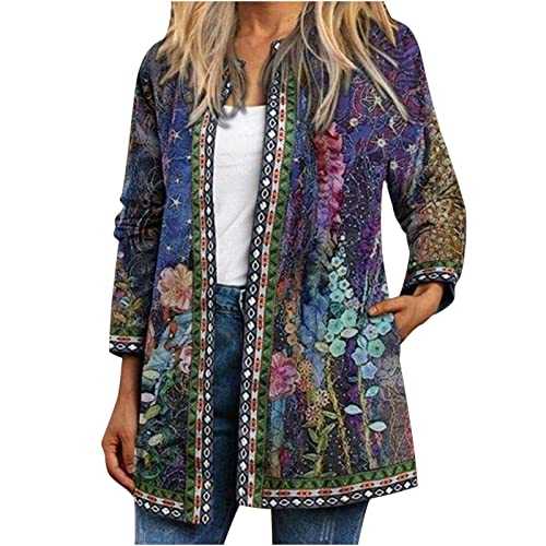 Keepink Womens Jacket Clearance Autumn Clothes Vintage Floral Print Indian Ethnic Print Long Coat Oversize Open Front Long Sleeve Cardigans Outerwear With Pockets