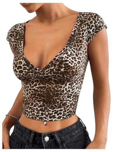GORGLITTER Women's Leopard Print Deep V Neck T Shirts Cap Sleeve Sexy Skinny Cropped Tops Clubwear