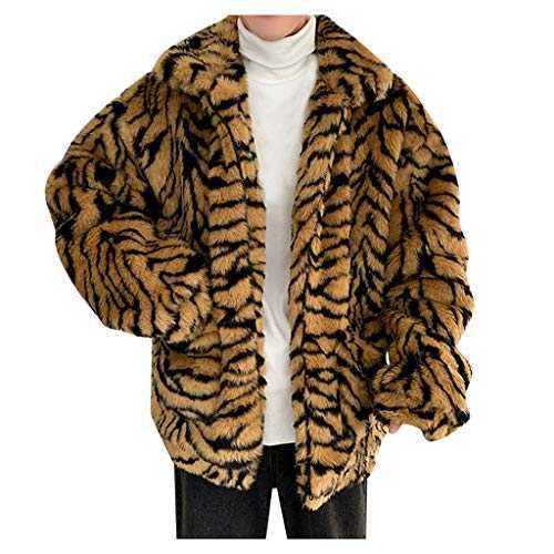 Faux Fur Coat Thick Mens Tiger Print Fluffy Overcoat Thicken Warm Parka Trench Outerwear Loose Fit Fleece Lapel Cardigan with Pockets Fashion Halloween Costume