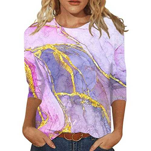 Women Summer Tops Round Neck Three Quarter Sleeve Comfortable Print T Shirt Blouse Womens Plus Size Long Tops White Shirt for Women UK Personalised Gifts Womens Clothing Sale Clearance UK