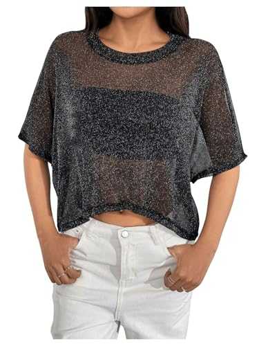 GORGLITTER Women's Mesh Sheer Glitter Crop T Shirts Crewneck Dolmen Sleeve Loose Club Tops