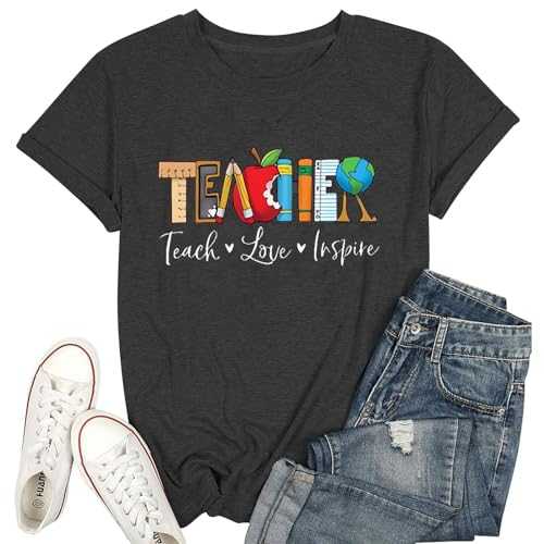 Teach T Shirt Women Teacher Love Inspire Shirts Funny Letter Short Sleeve Graphic Tees Teacher Gift Tops