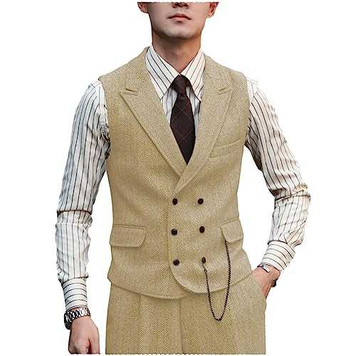 AeoTeokey Mens Classic Double Breasted Wool Tweed Suit Vest Vintage Sleeveless Waistcoat for Groomsmen