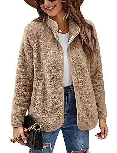 Micoson Women's Long Sleeve Cardigan Coat Lapel Button Down Warm Fuzzy Fleece Jacket Oversized Winter Outwear with Pockets