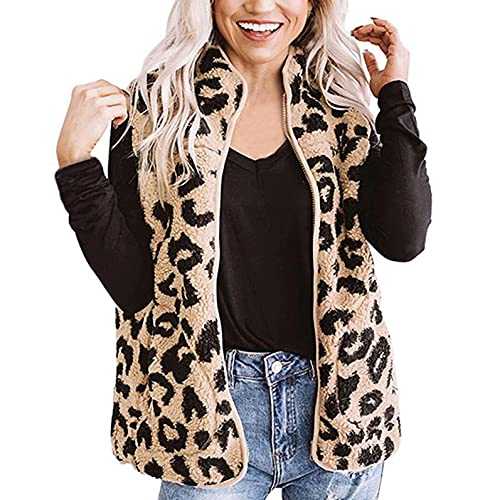 SIGOYI Women Fleece Gilets Cropped Leopard Print Sleeveless Jacket Full Zip Body Warmer Thick Plush Winter Vest