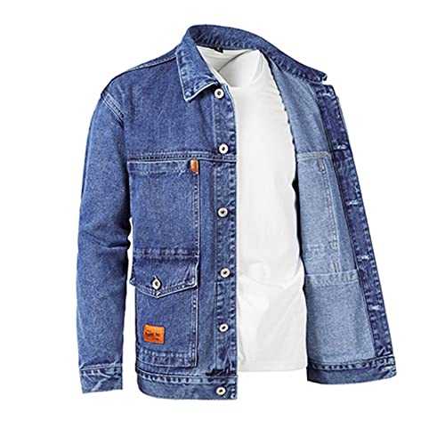 HAOLEI Denim Jackets Mens,Men's Bomber Jacket Multi Pockets Outdoor Stretch Washed Jean Jacket Button Down Stand Collar Long Sleeve Autumn Winter Outwear Military Cargo Jacket UK Clearance