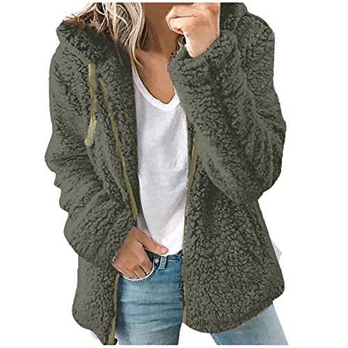 Women Fluffy Plush Hooded Jacket with Pocket Teddy Bear Fleece Full Zip Coat Faux Fur Hoodie Jackets Sweatshirt Winter Warm Outwear Plain Casual Loose Overcoat for Ladies UK Sale Clearance