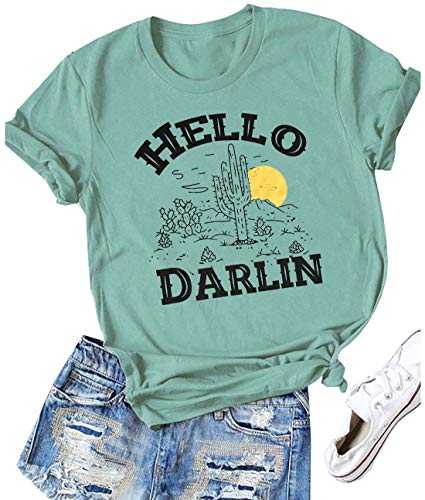 Hello Darlin Cute T-Shirt for Women Cactus Sunrise Graphic Tees Hiking Mountain Climbing Funny Short Sleeve Shirt Tops
