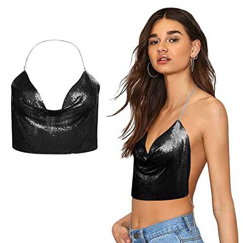 Women Sparkly Sequin Halter Tank Tops Sexy Deep V Neck Sleeveless Backless Body Chain Crop Tops Night Club Glitter Vest Top Spaghetti Strap Cami Tank Shirt Blouse Casual Clubwear Musical Festival