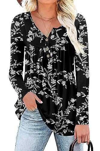 Aodemo Women's 2023 Fall Henley V Neck Button Up Tunic Ladies Tops Flowy Long Sleeve T-Shirts Ladies Blouse