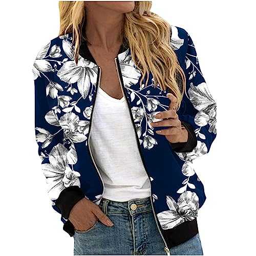 Women's Bomber Jacket Clearance Zip Up Baseball Jacket Lightweight Flight Jackets Open Front Bomber Jackets Round Neck Long Sleeve Pullover Ladies Casual Solid Color Coat Shirts with Pockets UK Size