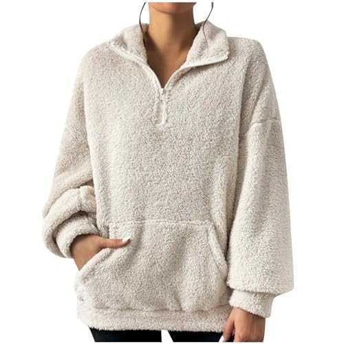 Sherpa Fleece Pullover for Women UK Fluffy Fuzzy Sweatshirt Half Zip Pocket Jumper Teddy Faux Fur Tops Winter Warm Soft Tops Ladies Plush Comfy Soft Sweatshirts