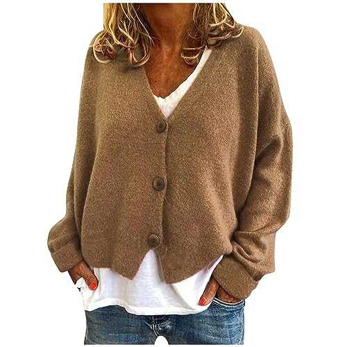 AMhomely Women's Red V-Neck Cardigan, Long Sleeve, Cropped, Lightweight, Casual, Knitted, Button Down, Solid, Ribbed Cuffs, Sweater, Outwear