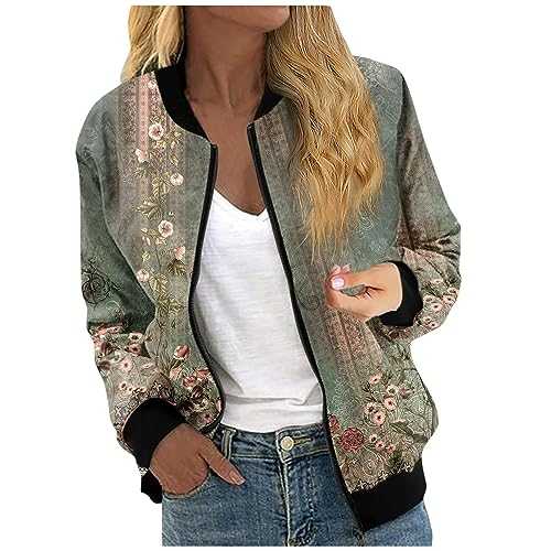 Splrit-MAN Women's Pattern Printed Crew Neck Bomber Jacket with Pockets Zip Up Running Jacket Lightweight Motorbike Jackets Elegant Smart Jackets Autumn Jacket Jackets for Women Uk