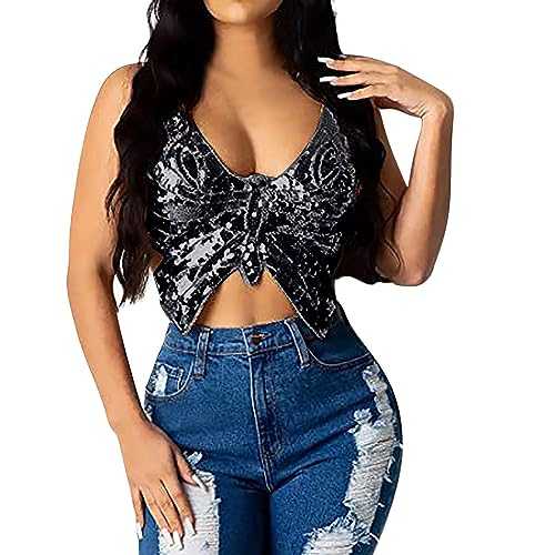Carnival Bra Camisole Tops Women's Solid Color Neck Sequin Butterfly Top Sexy Hot Girl Vest Small Suspenders Silver Camisole Ladies Top Sleeveless Glitter Camisole Vest 1x Womens Tops