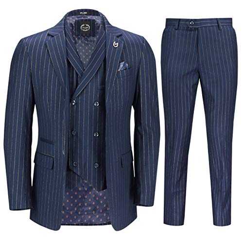Mens 3 Piece Navy Blue Pin Stripe Suit Gold Lines Smart Retro Tailored Fit Wedding Party
