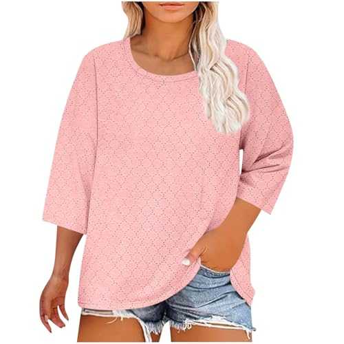 Summer Tops for Women UK Casual Plus Size Tops 3/4 Sleeve Crew Neck Loose Fit Blouse 2025 Fashion Solid Color Oversized T-Shirt Dressy Lightweight Breathable Shirts Comfy Going Out Top