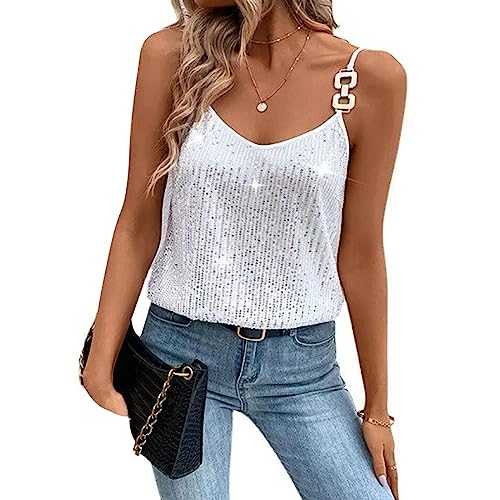FeMereina Womens Sequin Top V Neck Strappy Sparkle Camisole Glitter Sleeveless Tanks Tops Chain Strap Shimmer Cami Party Vest