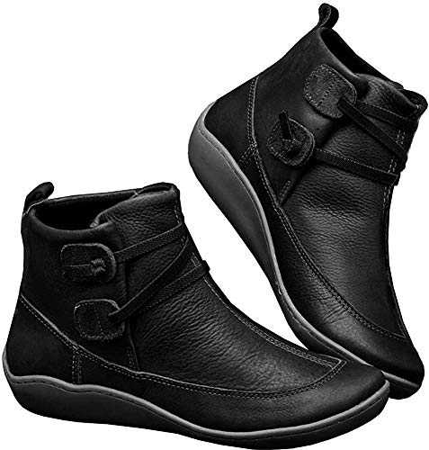 Kinloy Ladies Comfy Waterproof Boots Women Non Slip Flat Heel Fashion Lightweight Leather Braided Strap Ankle Booties Shoes New Black Size 4 UK
