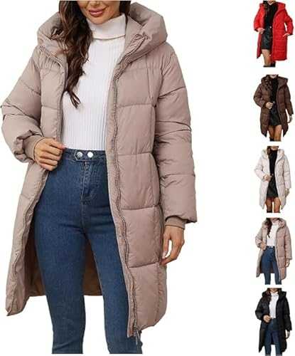 HOOUDO Winter Coats for Women UK Warm Long Padded Down Jacket Ladies Lightweight Windproof Quilted Puffer Coat Outdoor Hiking Parka Jackets Outwear with Hood
