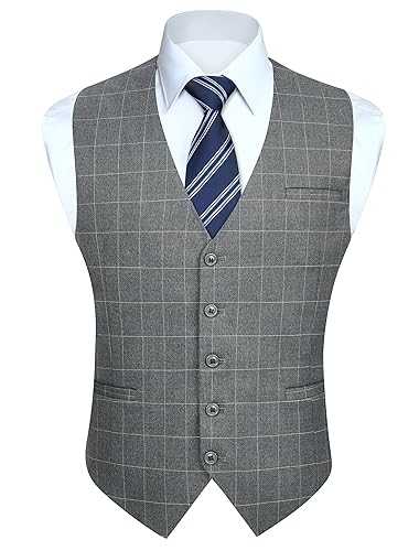 HISDERN Men's Formal Waistcoat Wedding Party Cotton Plaid Suit Vest