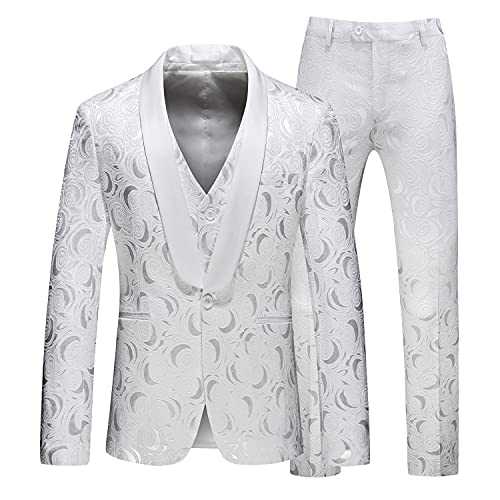 MOGU Mens 3 Piece Suit Slim Fit White Black Tuxedos for Prom Wedding